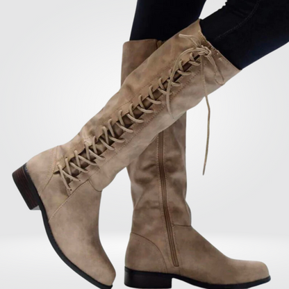 Beige lace-up high boots with chunky heel and side zipper
