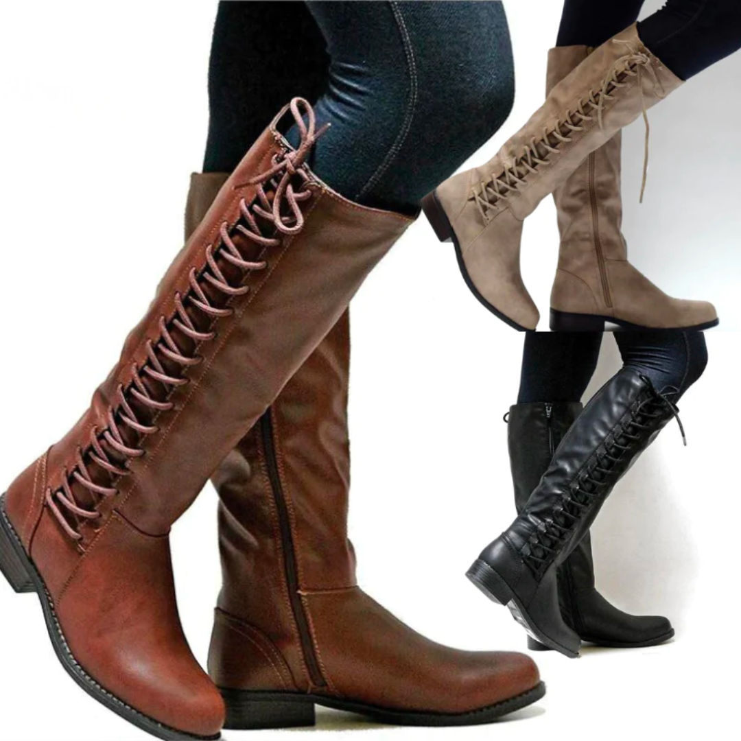 Assorted lace-up high boots in brown, beige, and black with chunky heels