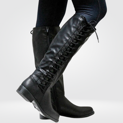 Black lace-up high boots with chunky heel and side zipper