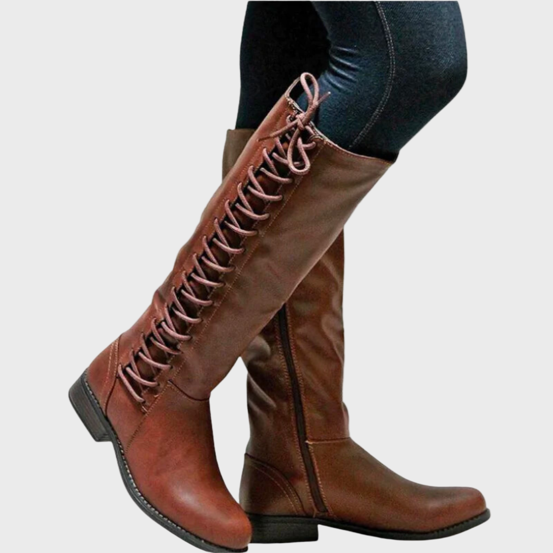 Brown lace-up high boots with chunky heel and side zipper
