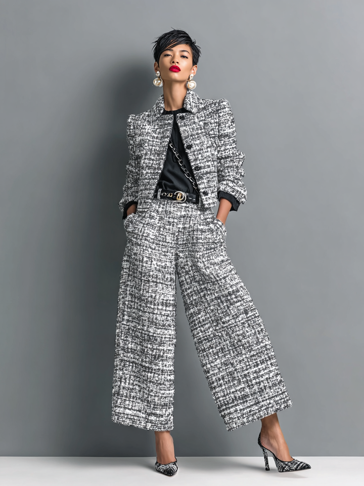 Tailored blazer and wide-leg trousers set, grey textured fabric with structured shoulders