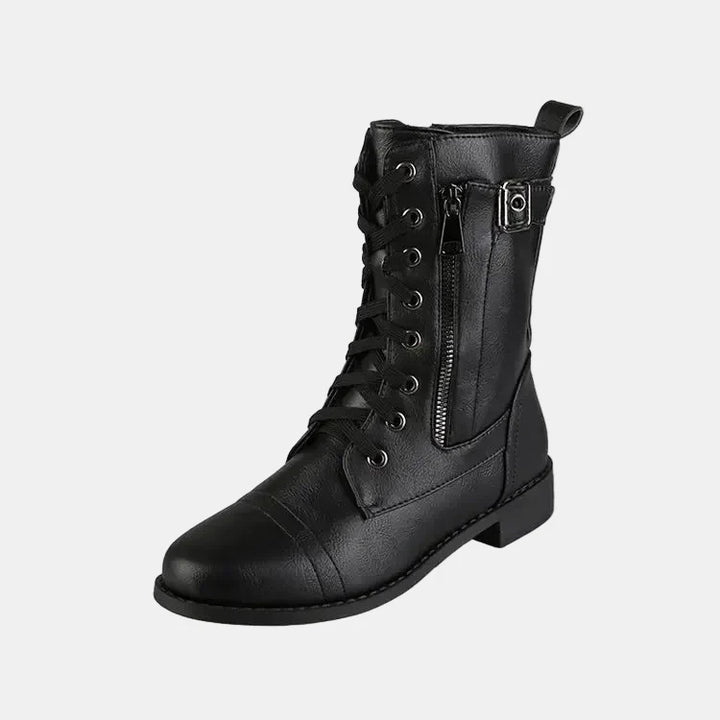 Black round-toe lace-up fall boot with side zipper and buckle accent