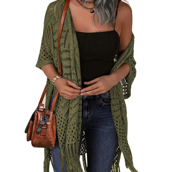 Open-front knitted hollow-out summer outwear, olive green, elbow sleeves