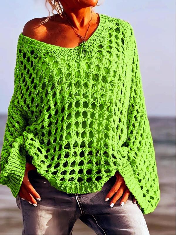 Comfy long-sleeve knit top in yellow-green with openwork pattern and fringe trim