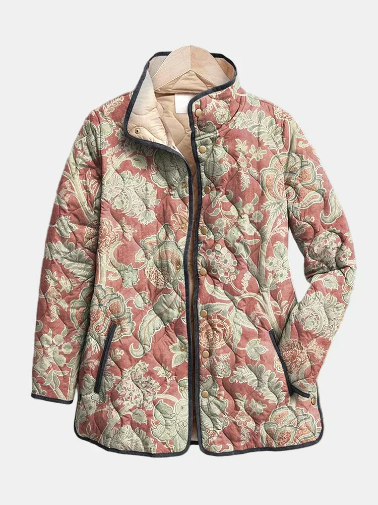 Quilted floral casual jacket with button front, stand collar, multicolor patchwork.