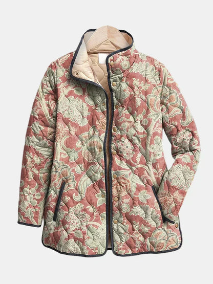 Quilted floral casual jacket with button front, stand collar, multicolor patchwork.