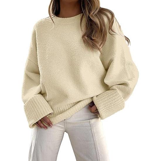 Almond cream crewneck long-sleeve pullover sweater with ribbed cuffs and hem