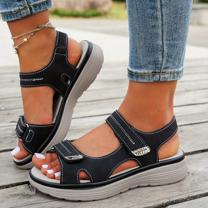 Women’s orthopedic sandals, black two-strap sandals with metal-stud buckle details