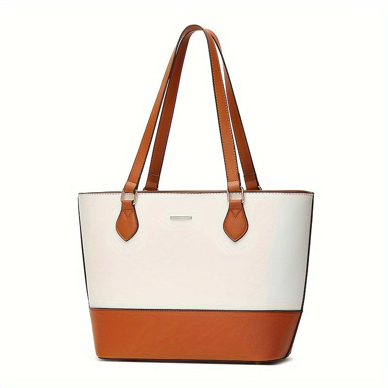 Tote bag from a mother and daughter matching set in white with tan lower panel and handles