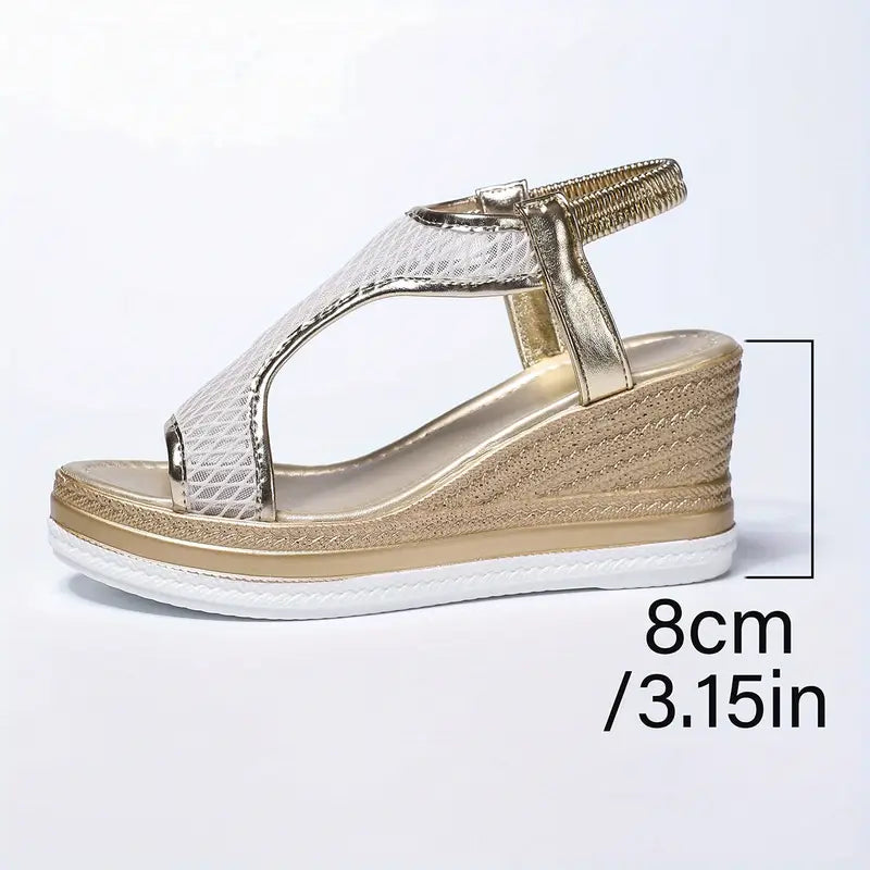 Silver mesh wedge sandals with gold T-strap and textured platform midsole