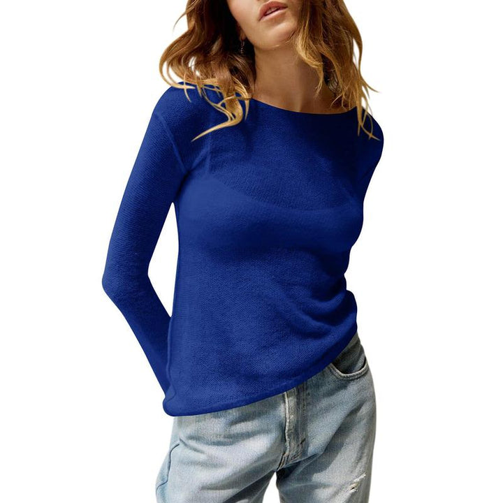 Blue sheer long-sleeve top with wide neckline and relaxed, lightweight drape