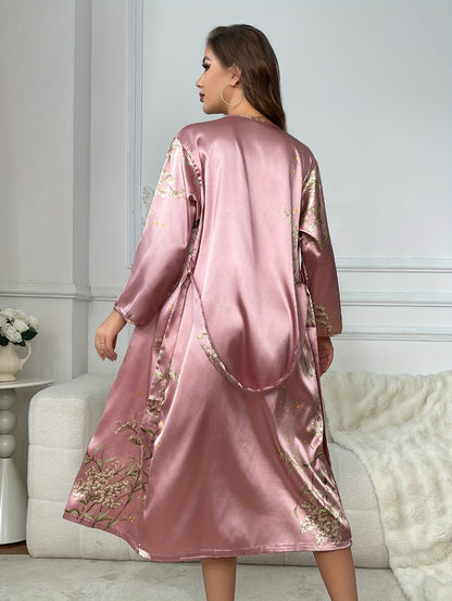 Pink satin floral robe with full back drape over camisole slip