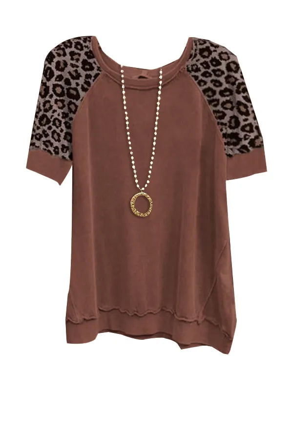 Women’s leopard print top: brown bodice, leopard sleeves, scoop neck, bead necklace pendant