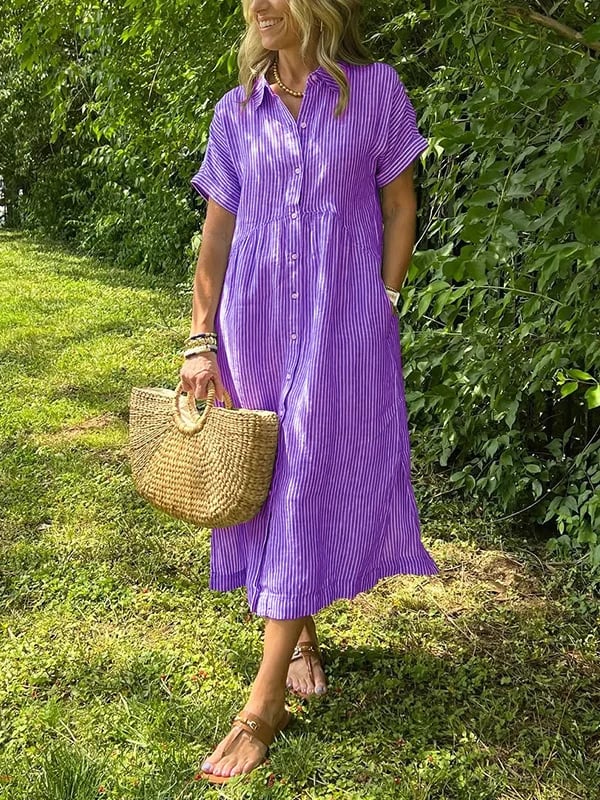 Lavender purple striped button-up dress with short sleeves and gathered waist.