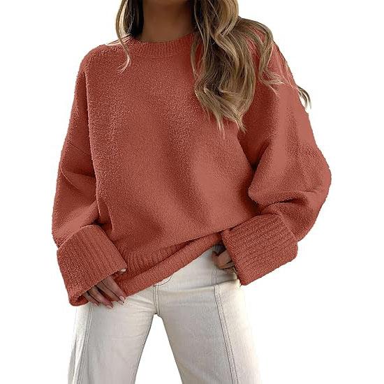 Long sleeve crewneck pullover sweater, rust red with ribbed cuffs and hem
