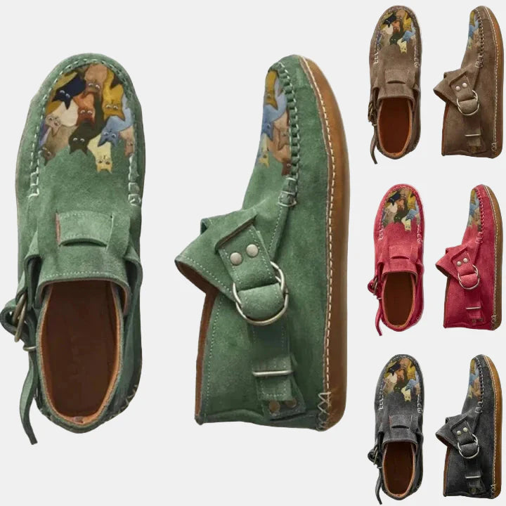 Printed ankle boots set in green, brown, red, and grey with buckle strap and lace tie