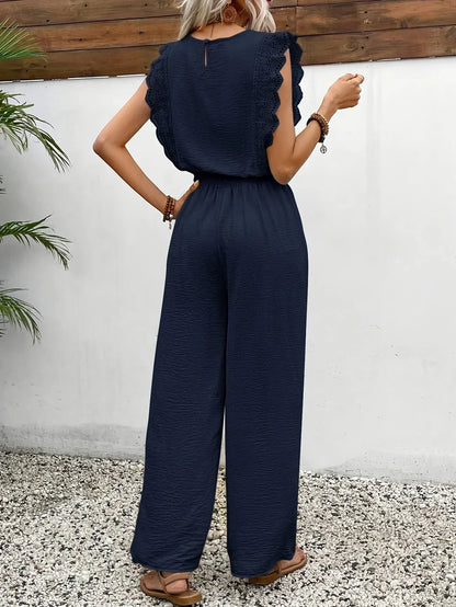 Navy lace-trim sleeveless-style top and matching drawstring wide-leg trousers set