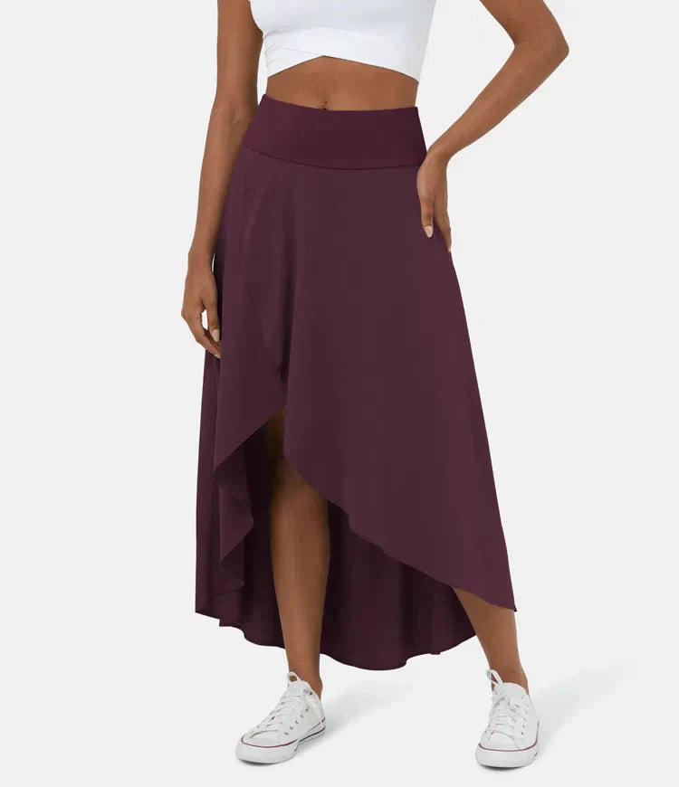 AMELIE asymmetric midi skirt in deep plum with high waist and layered high-low hem