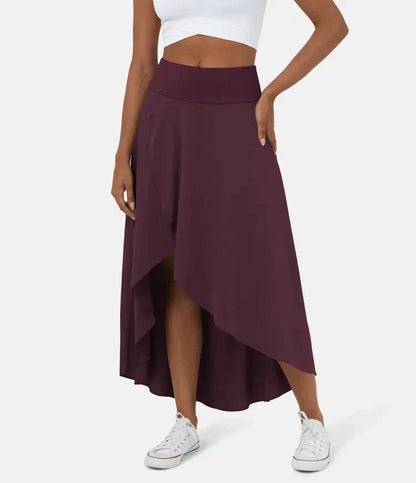 AMELIE asymmetric midi skirt in deep plum with high waist and layered high-low hem