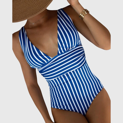 Blue and white striped one-piece swimsuit with deep V-neck