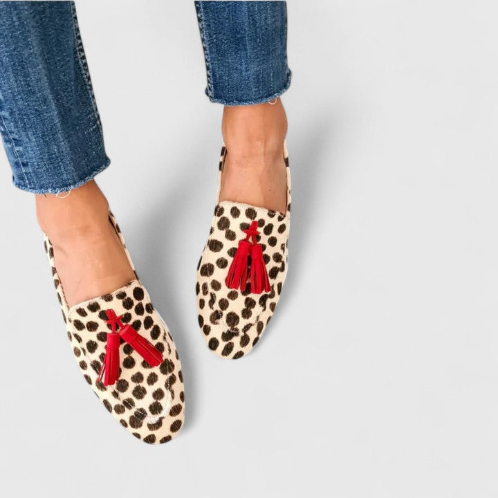 Leopard orthopaedic trainers with red tassel detail
