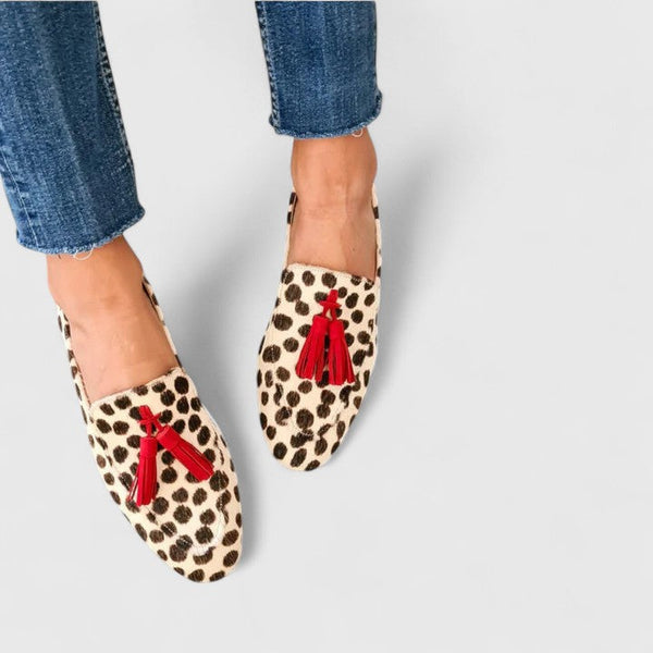 Leopard orthopaedic trainers with red tassel detail