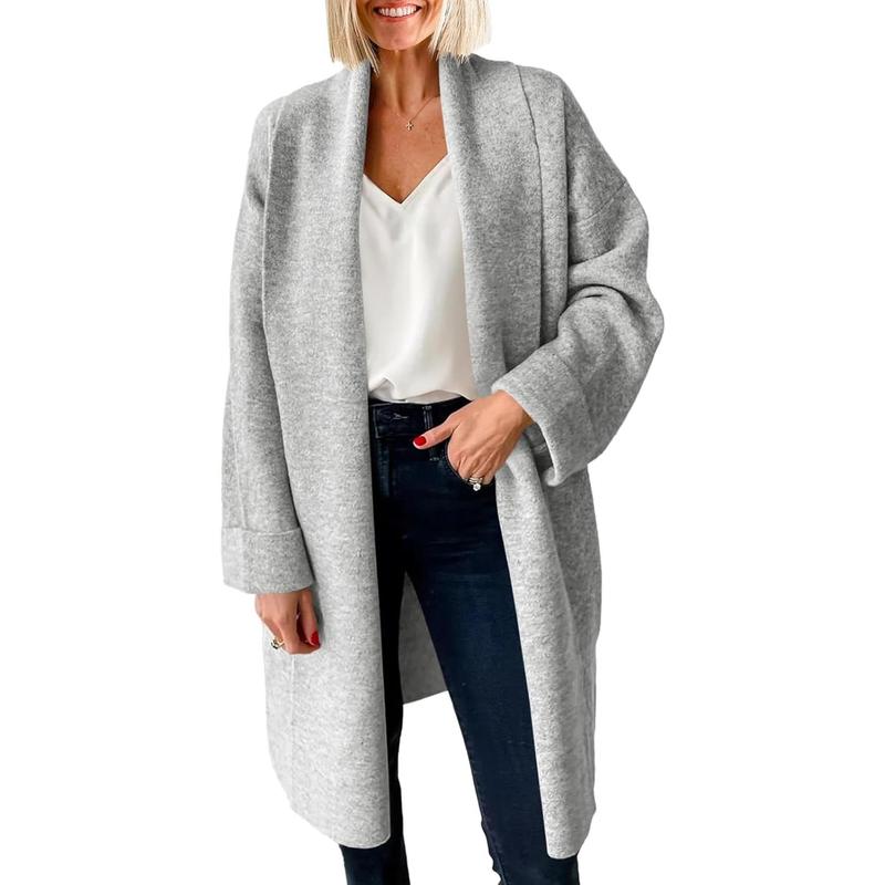 Medium gray oversized long open-front cardigan, chunky knit with relaxed drape.