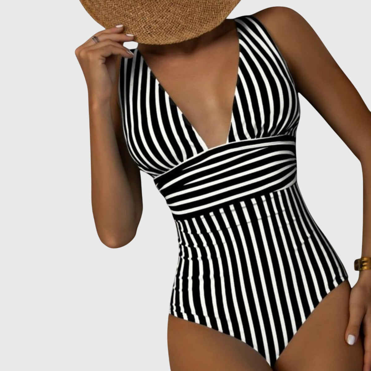 Black and white striped one-piece swimsuit with deep V-neck