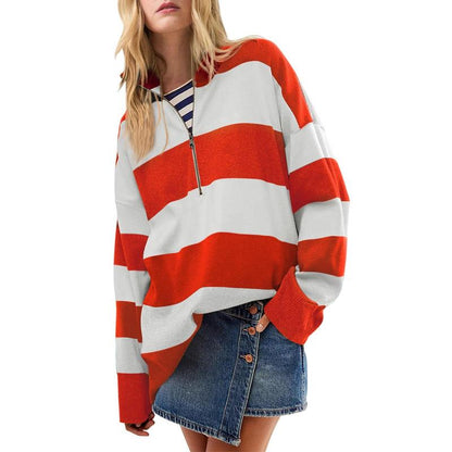 Oversized turtleneck sweater with red-and-white striped half-zip