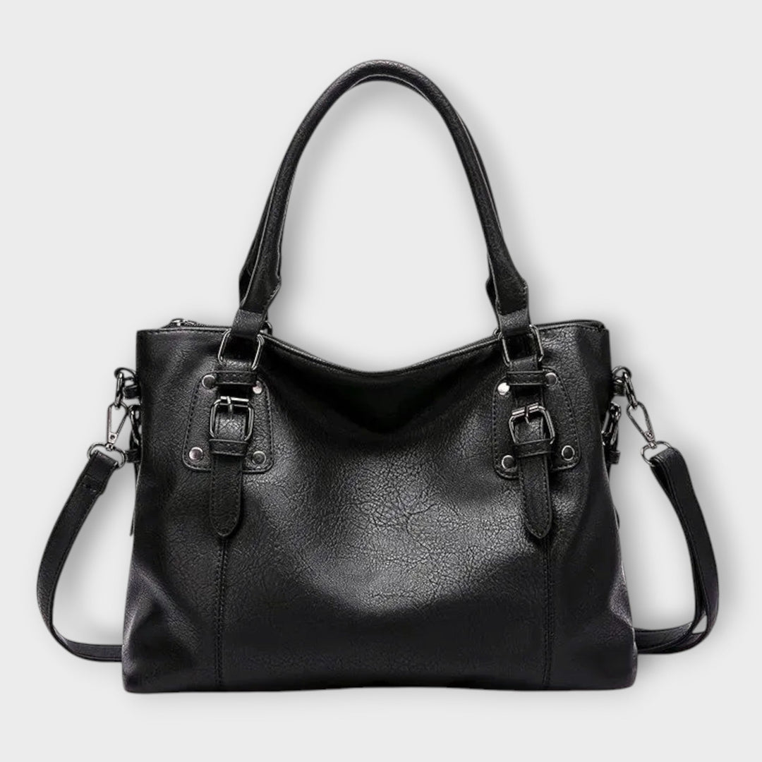 Mia elegant shoulder bag in black with double handles and adjustable crossbody strap