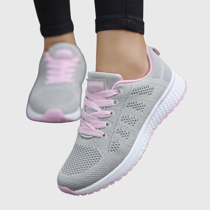 Women's slim sport shoes, light gray knit with pink trim, lace-up and white sole