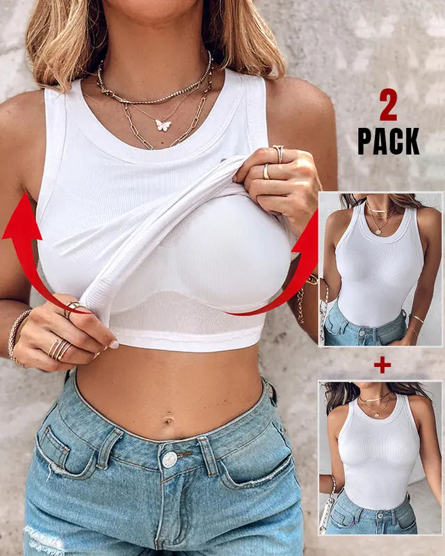 White built-in bra tank top with scoop neck, draped front coverage