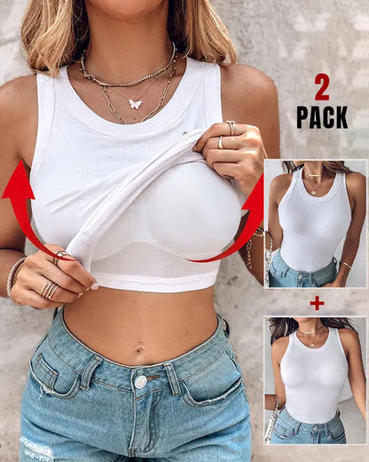 White built-in bra tank top with scoop neck, draped front coverage