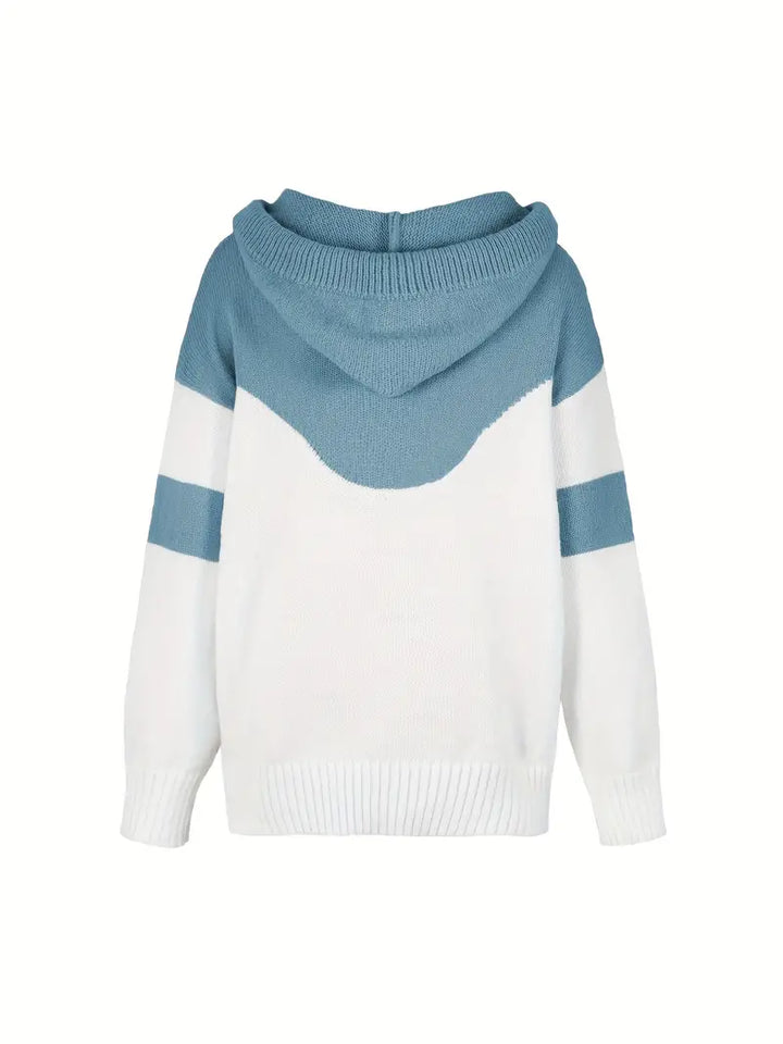 Blue and white dual-tone hoodie with hood and drawstring, back view