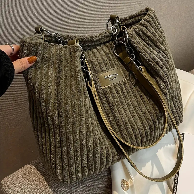 Large capacity corduroy tote bag in olive green with top zipper and crossbody strap
