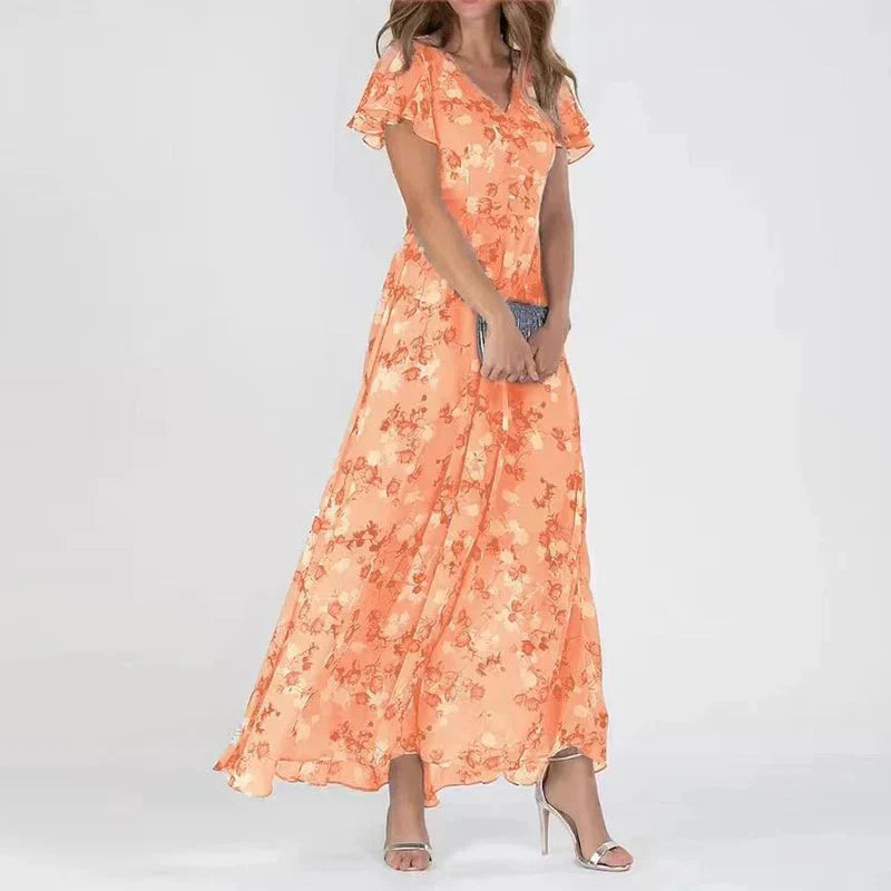 Orange floral short-sleeve dress with V-neck and gathered midi skirt