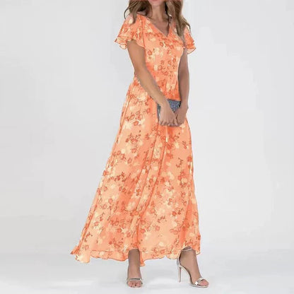 Orange floral short-sleeve dress with V-neck and gathered midi skirt