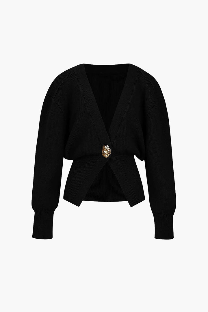 Black modern cardigan front, V-neck wrap with gold button and ribbed knit trim