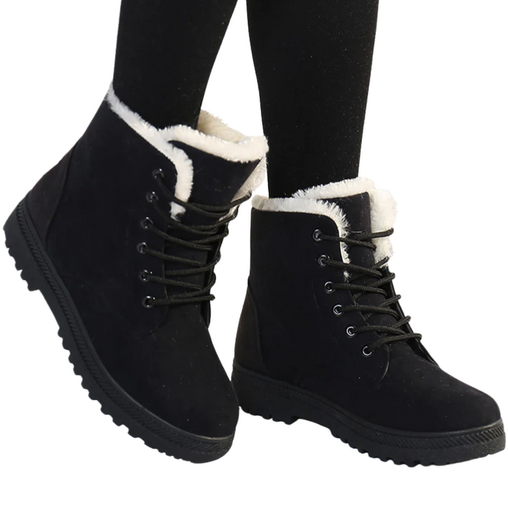 Black ankle boots with faux-fur trim, lace-up eyelets, chunky rubber sole