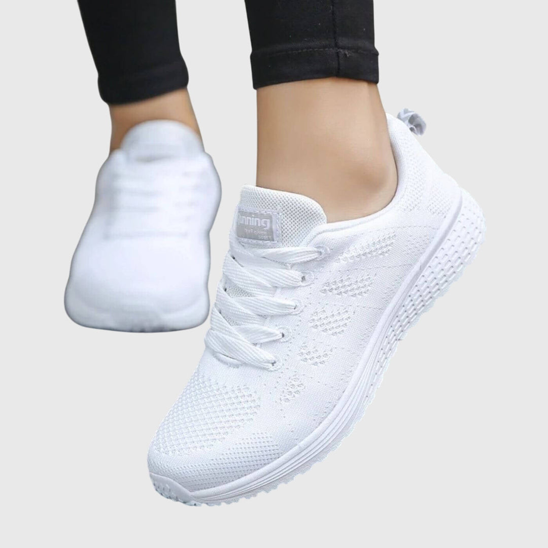 Women's slim sport shoes, white knit upper with lace-up front and white rubber sole