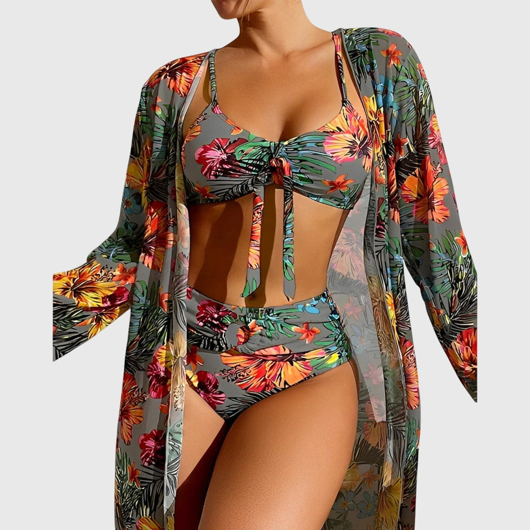 Multicolor floral bikini set with tie-front top, high-waist bottoms, sheer kimono cover-up