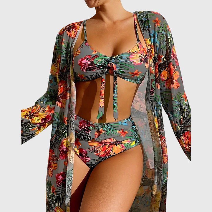 Multicolor floral bikini set with tie-front top, high-waist bottoms, sheer kimono cover-up