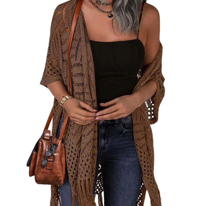 Open-front knitted hollow-out summer outwear, brown, elbow sleeves