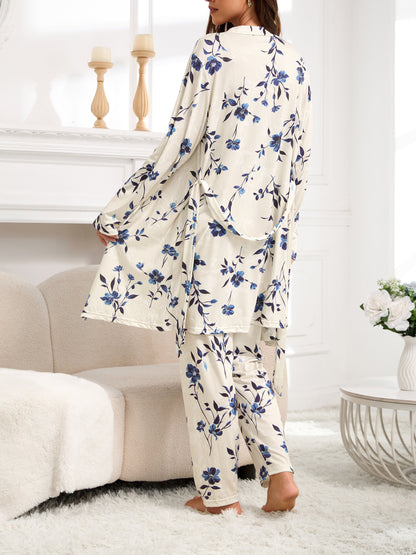 Women’s pajama set in cream with blue floral print, long back top with matching wide pants