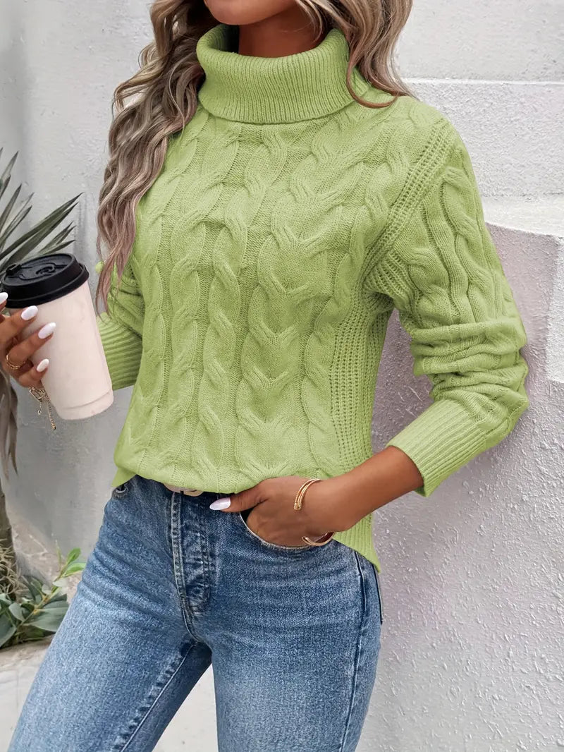 Light green cable knit turtleneck sweater with long sleeves