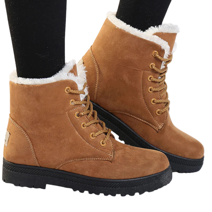 Brown ankle boots with faux-fur trim, lace-up eyelets, chunky rubber sole