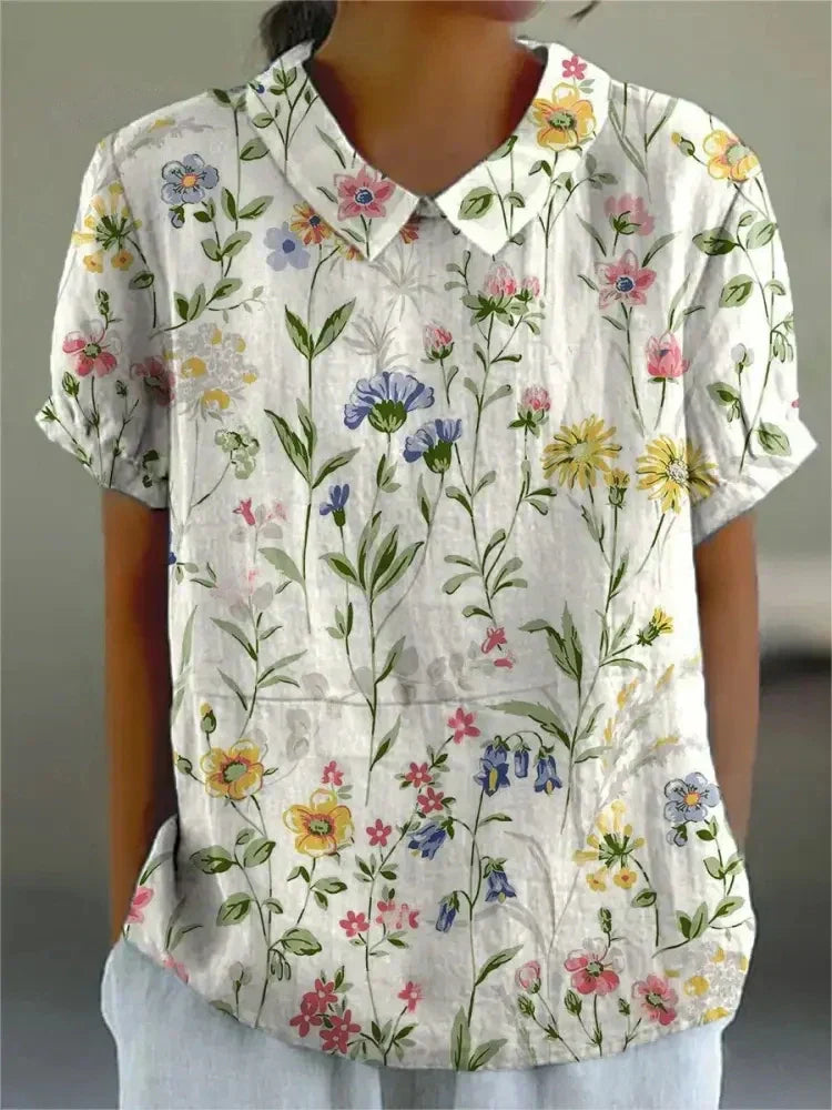 MARLENE™ vintage print shirt, white with colorful wildflower print and pointed collar
