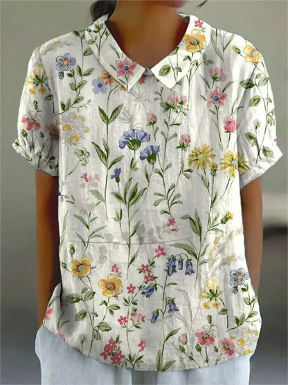 MARLENE™ vintage print shirt, white with colorful wildflower print and pointed collar