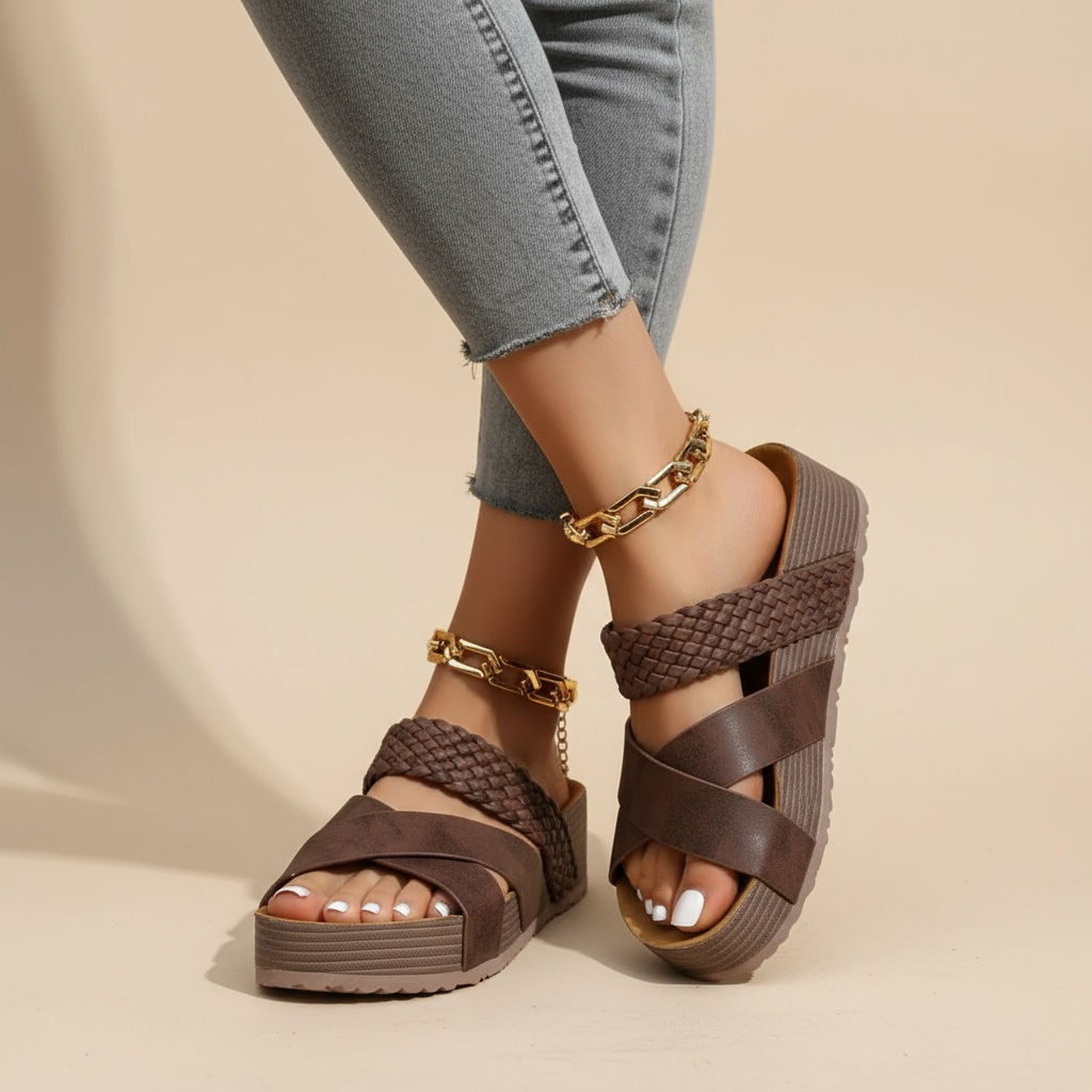 Orthopedic sandals, dark brown woven straps with wide cross bands, cushioned platform