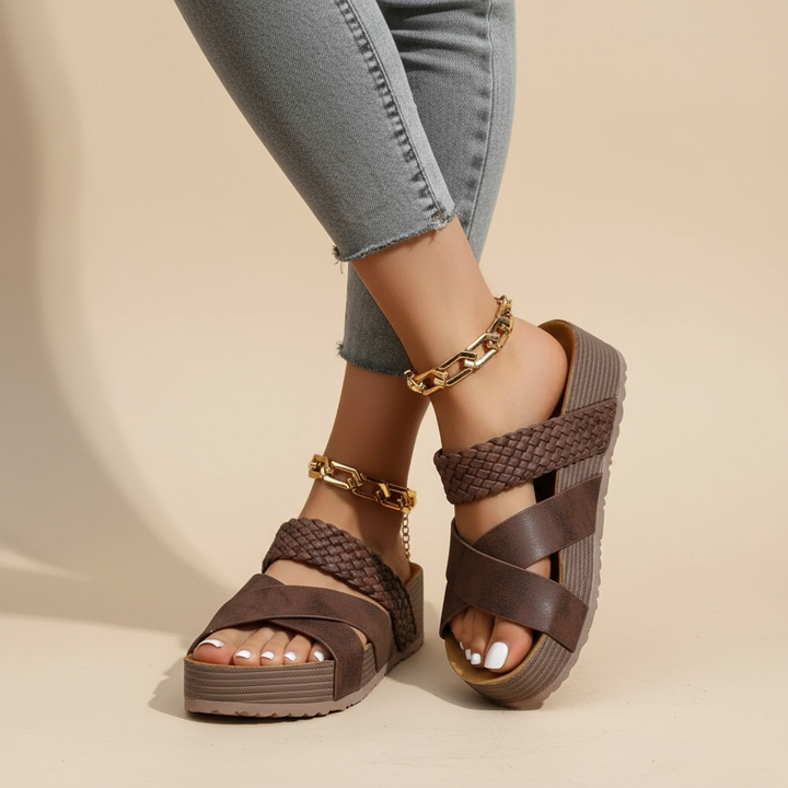 Orthopedic sandals, dark brown woven straps with wide cross bands, cushioned platform